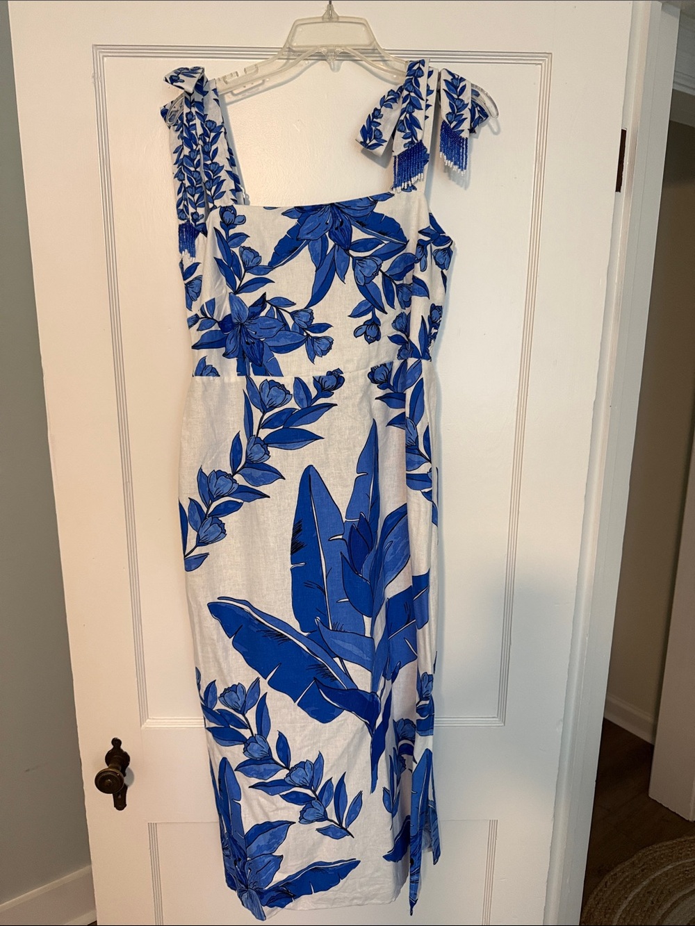 Calypso St. Barth Blue and White Floral Tie-Shoulder Midi Dress - Medium